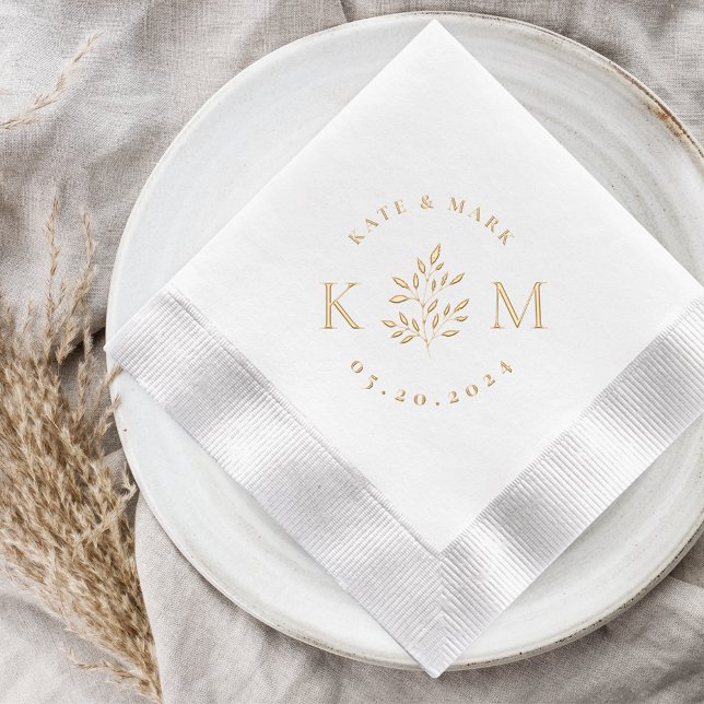 Serviettes Avec Dorure Mariage Monogramme Classique à Feuillage Élégant (Créateur téléchargé)