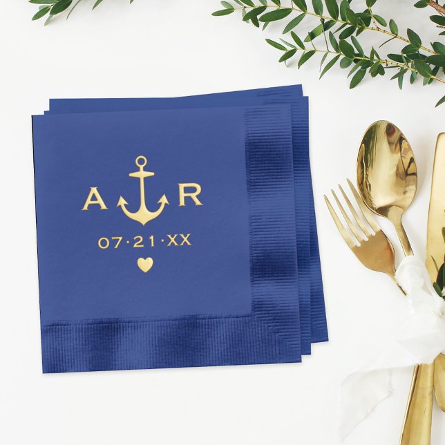 Serviettes Avec Dorure Mariage Monogramme Cœur Ancre Navy (Créateur téléchargé)