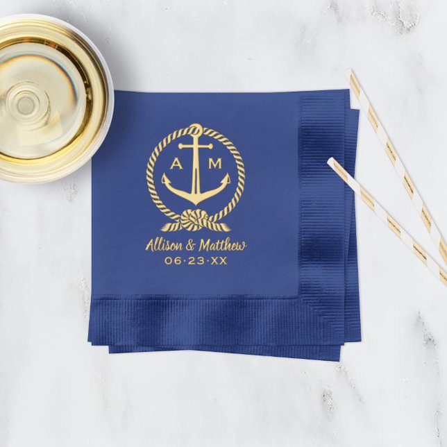 Serviettes Avec Dorure Mariage Monogramme de Corde d'Ancre NaVALe (Créateur téléchargé)