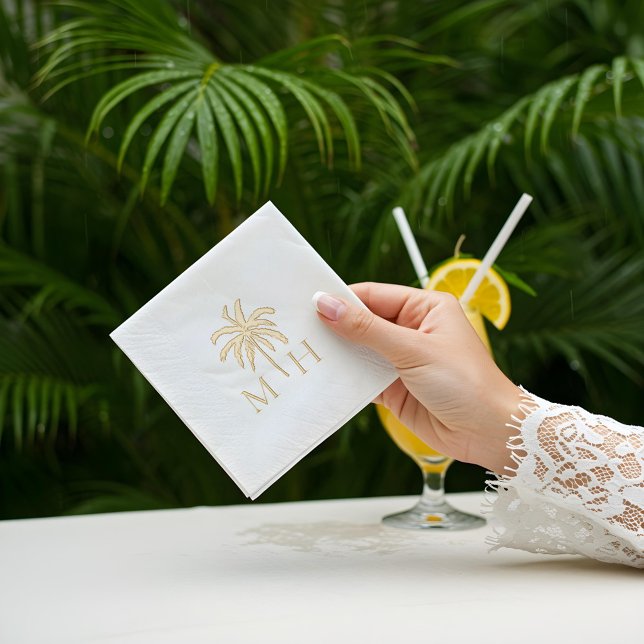 Serviettes Avec Dorure Mariage Monogramme de palmier tropical minimal (Minimal Tropical Palm Tree Monogram Wedding Foil Napkins)