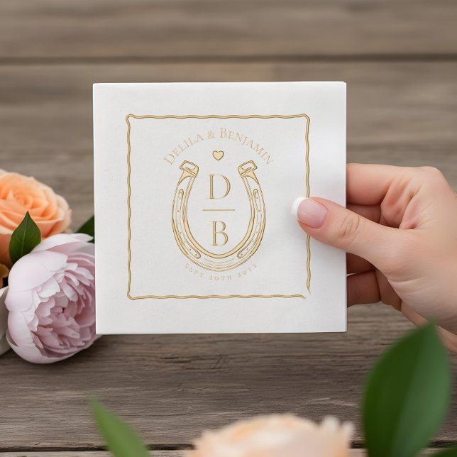 Serviettes Avec Dorure Mariage Monogramme Rustique Occidental Fer à Cheva (Rustic Love Western Horseshoe Monogram Wedding Foil Napkins)