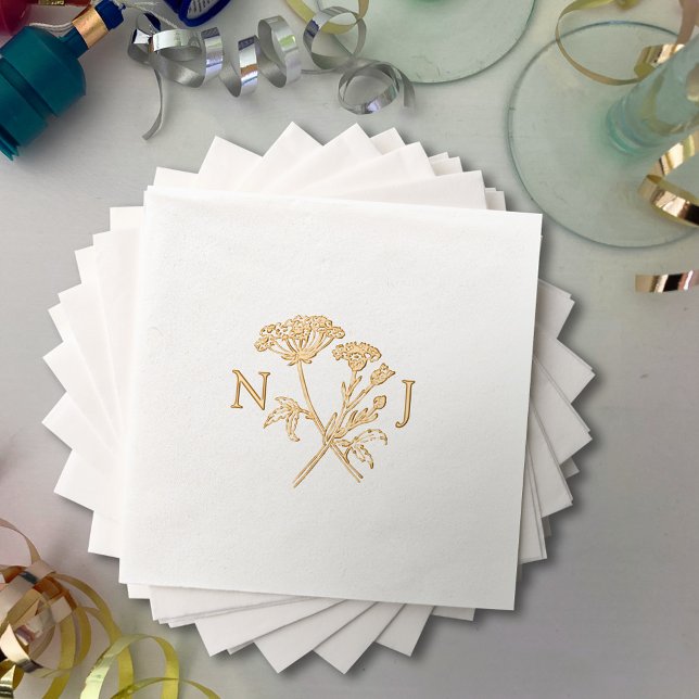 Serviettes Avec Dorure Mariage monogramme simple fleur sauvage (Créateur téléchargé)