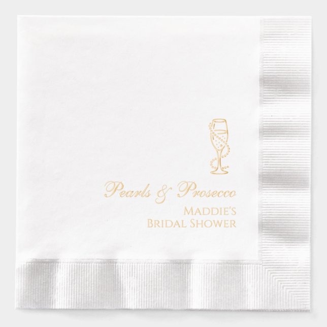 Serviettes Avec Dorure Mariage personnalisé Perles & Prosecco Or (Recto)