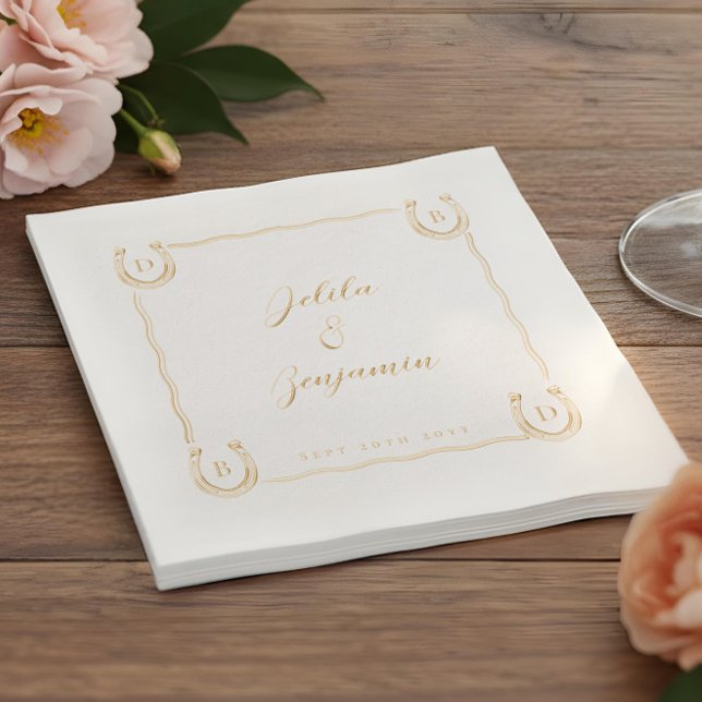 Serviettes Avec Dorure Mariage Rustique Occidental avec Nom et Monogramme (Rustic Western Horseshoe Name & Monogram Wedding Foil Napkins)