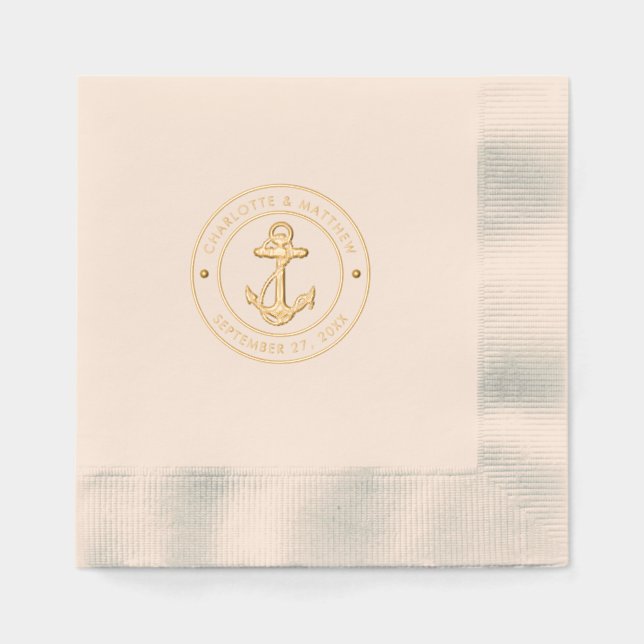 Serviettes Avec Dorure Mariage Thème Nautique avec Ancre de Bateau (Recto)