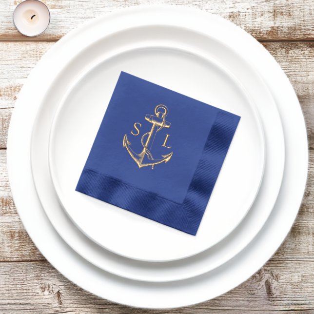 Serviettes Avec Dorure Marine Bleu Ancre nautique Mariage Monogramme Or (Initiation)