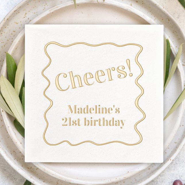 Serviettes Avec Dorure Message personnalisable "Cheers" partie frontière  ("Cheers" custom personalized party napkin gold foil wavy hand drawn border modern fun party supplies)
