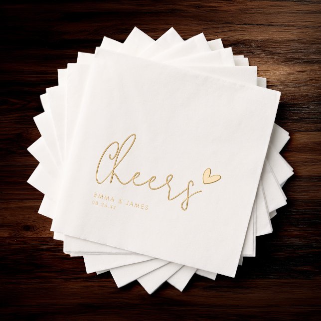 Serviettes Avec Dorure Minimalist “Cheers” Wedding Gold Heart Custom Name (Créateur téléchargé)