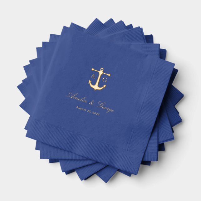 Serviettes Avec Dorure Monogramme d'Ancre Mariage nautique (Insitu (empilé))