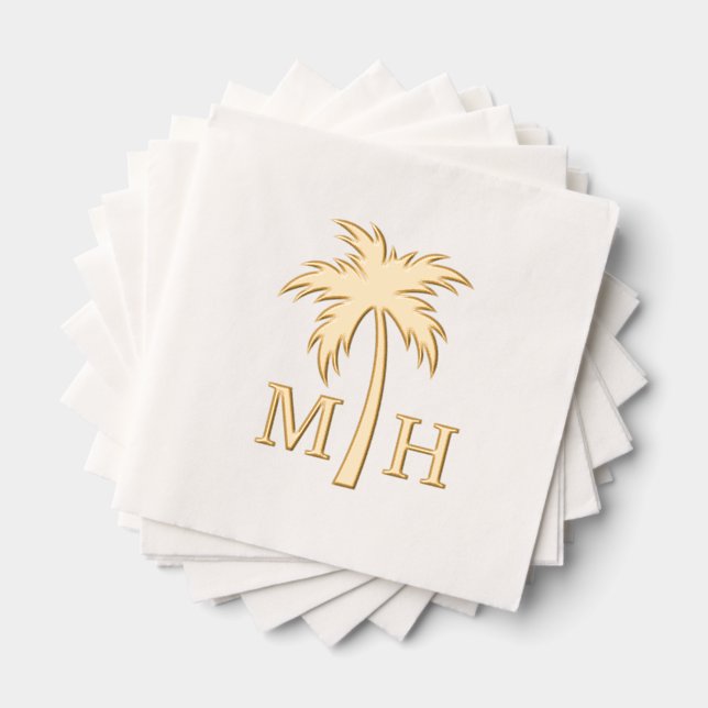 Serviettes Avec Dorure Monogramme de mariage au palmier (Insitu (empilé))