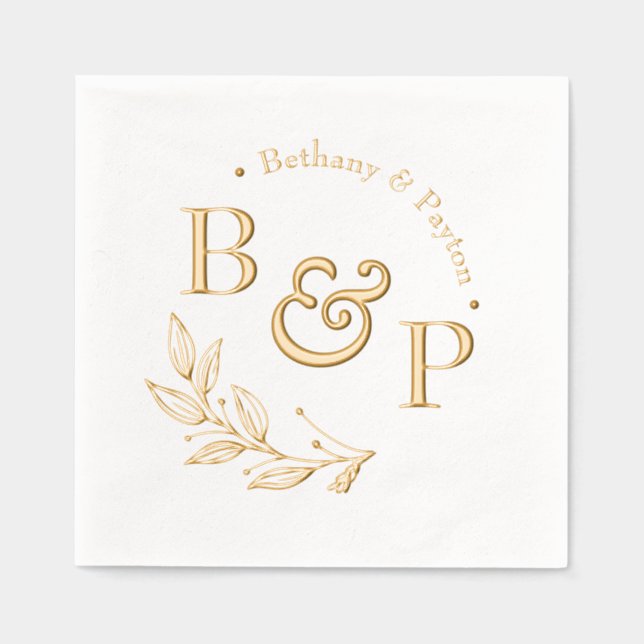 Serviettes Avec Dorure Monogramme végétal Mariage personnalisé (Recto)