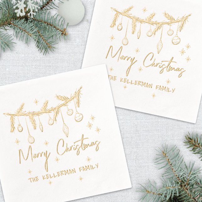Serviettes Avec Dorure Noël Dessiné à la Main Or (Hand Drawn Merry Christmas Foil Napkins)