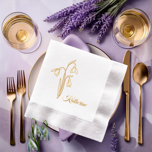 Serviettes Avec Dorure Nom de floraison hivernale des perce-neige  (Elegant Snowdrops Winter Floral and Name Stamped Foil Napkins)