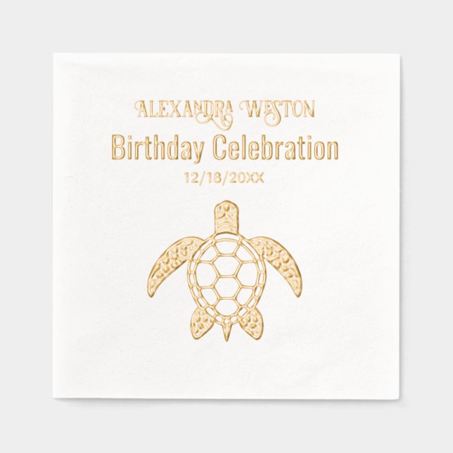 Serviettes Avec Dorure Nom de la fête d'anniversaire de la tortue marine  (Recto)