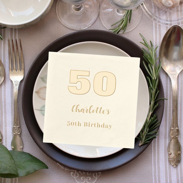 Serviettes Avec Dorure Nom d'or beige élégant anniversaire fête (Créateur téléchargé)