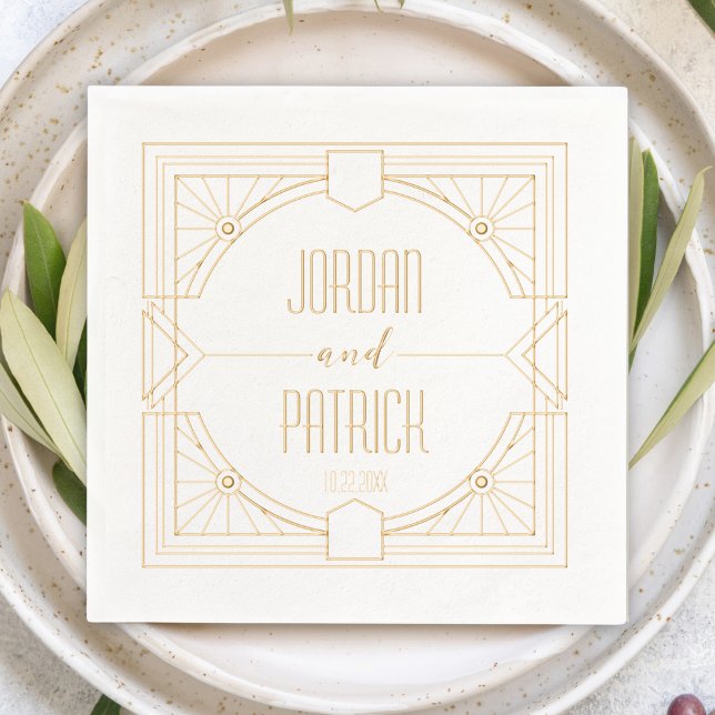 Serviettes Avec Dorure Nom du couple géométrique Art Déco PersonnaliséMar (art deco 1920s modern personalized custom wedding cocktail napkins couple's name & wedding date )