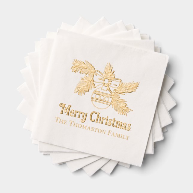 Serviettes Avec Dorure Ornement de Noël sur Branche Message Nom (Insitu (empilé))