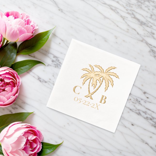 Serviettes Avec Dorure Palmiers Mariages tropicaux Initiales et date (Insitu (Mariage))