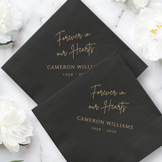 Serviettes Avec Dorure Pour toujours dans notre coeur nom date funéraille (Forever in our hearts name date black funeral foil napkins)