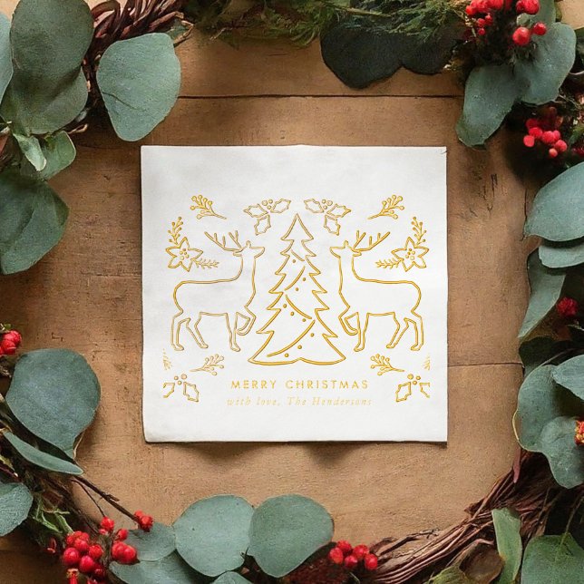 Serviettes Avec Dorure Rennes de sapin scandinave (Scandinavian Christmas Tree Reindeer Foil Napkins)