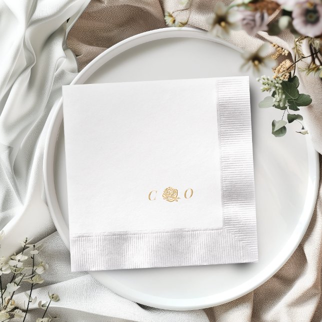 Serviettes Avec Dorure Rose floral monogram minimalist wedding (Rose floral monogram minimalist wedding foil napkins)