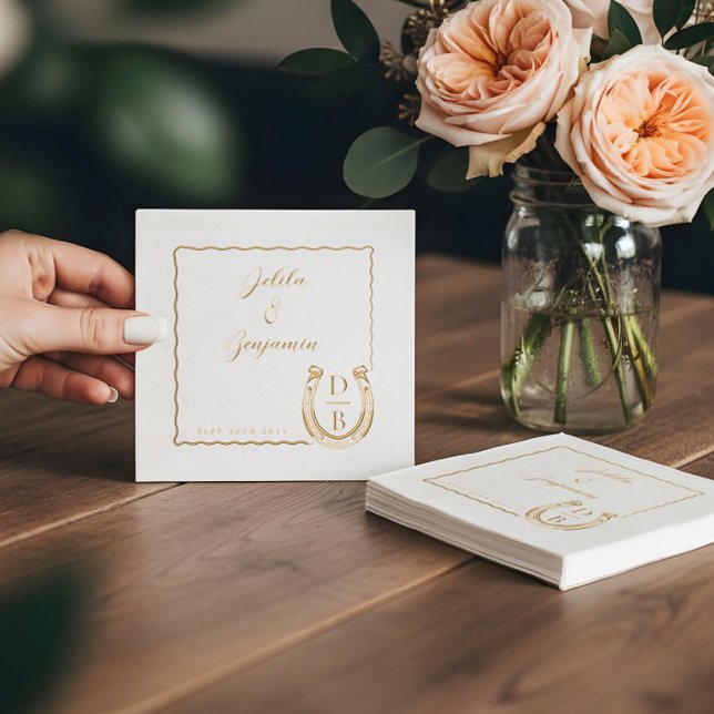 Serviettes Avec Dorure Rustic Western Horseshoe Name & Monogram Wedding (Rustic Western Horseshoe Name & Monogram Wedding Foil Napkins)