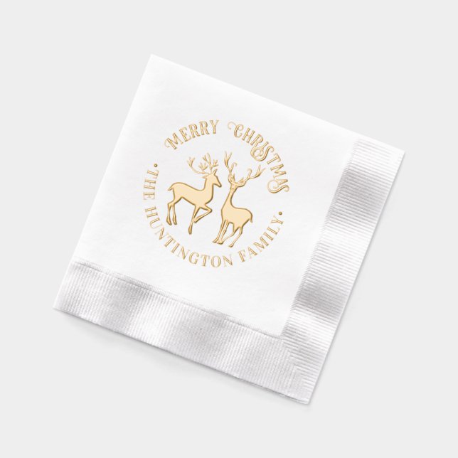 Serviettes Avec Dorure Rustique 2 cerfs Joyeux Noël Nom de famille (Gauche)