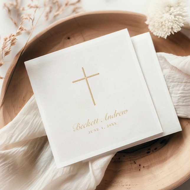 Serviettes Avec Dorure Script de croix or simple (Elegant Gold Foil Cross Simple Baptism Napkins.)