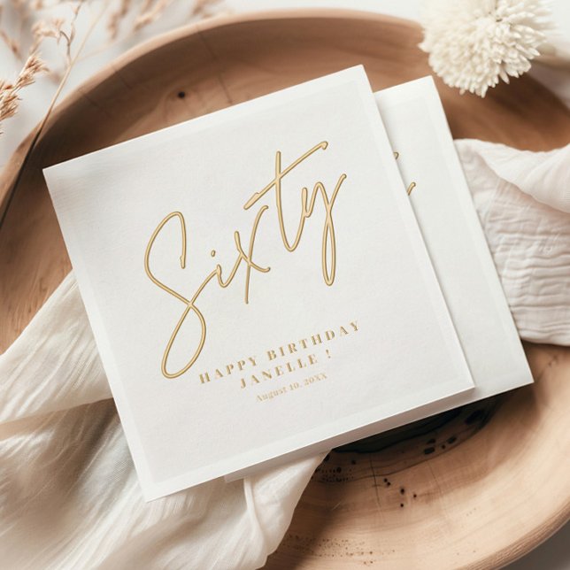 Serviettes Avec Dorure Script Moderne Soixante 60e Anniversaire (Modern Gold Script 60th Birthday or Anniversary Party  Foil Napkins.)