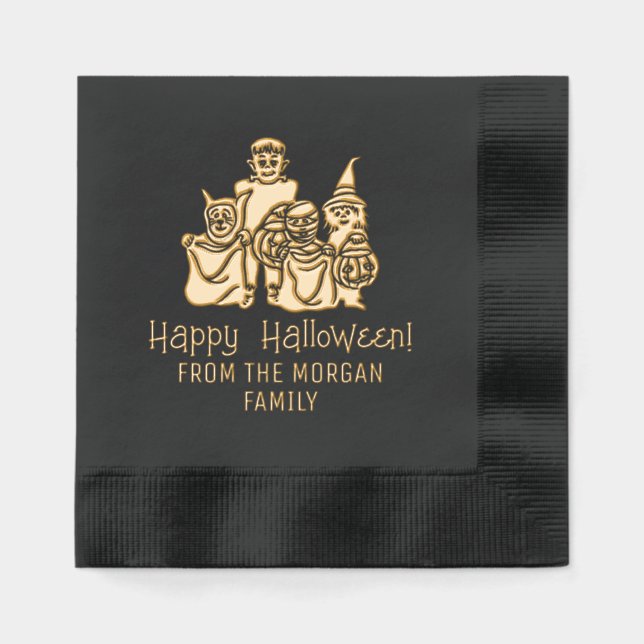 Serviettes Avec Dorure Silhouette de Trick or Treaters Joyeux Halloween (Recto)