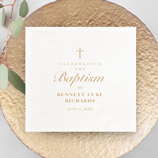 Serviettes Avec Dorure Simple Élégant Baptême Croix en Or (Elegant script baptism real foil napkins.)