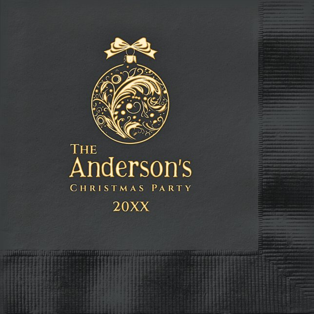 Serviettes Avec Dorure Simple Luxe Monogramme Noir Papier Noël Doré (Elegant Black and Gold Foil Personalized Family Christmas Party Napkins - Filigree Ornament Design)