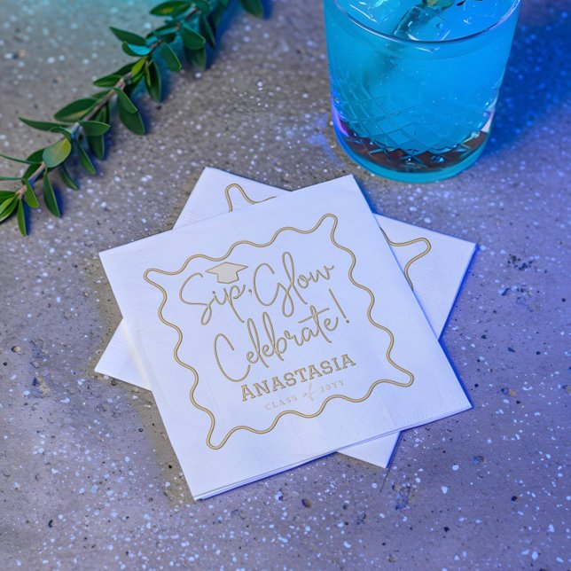Serviettes Avec Dorure Sip Glow Celebration Script Grad Casquette Grad Gr (Sip Glow Celebrate Script Grad Cap Graduation Foil Napkins)