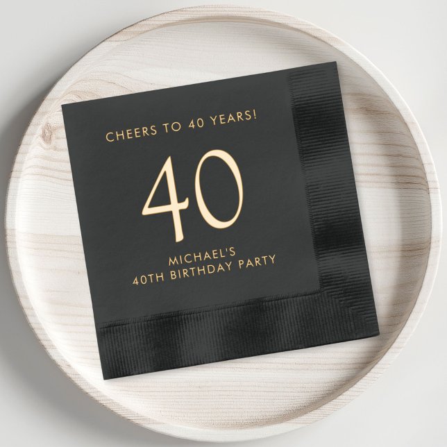 Serviettes Avec Dorure Soirée de 40e anniversaire pour hommes élégants (Elevate his 40th birthday party decor with these classic and elegant black and gold foil napkins)