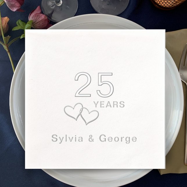 Serviettes Avec Dorure Soirée du 25e anniversaire moderne et élégante (Add couple’s names for elegant real foil personalized 25th anniversary party napkins. Simple stylish)