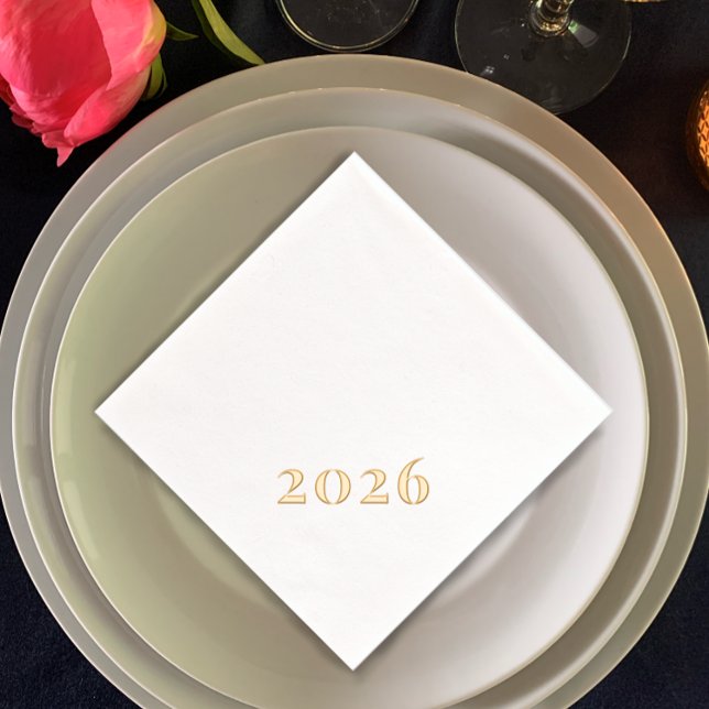 Serviettes Avec Dorure Texte Personnalisé Moderne Nouvel An 2026 Parti Or (Real foil New Year’s Eve party napkins. Minimalistic elegant editable script 2026
)