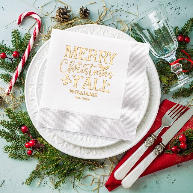 Serviettes Avec Dorure Typographie Joyeux Noël Y'all Nom de famille Date (Typography "Merry Christmas Y'all" Family Name and Date Established Festive Stamped Foil Napkins)