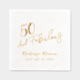 Serviettes Avec Dorure White Fifty and Fabulous Script Birthday Party