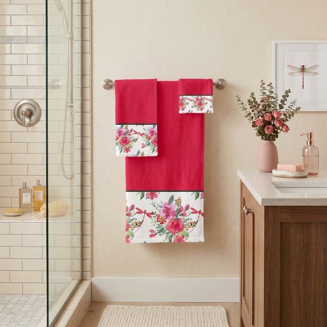 Serviettes de bain à motif fleurs roses et libellu (Créateur téléchargé)