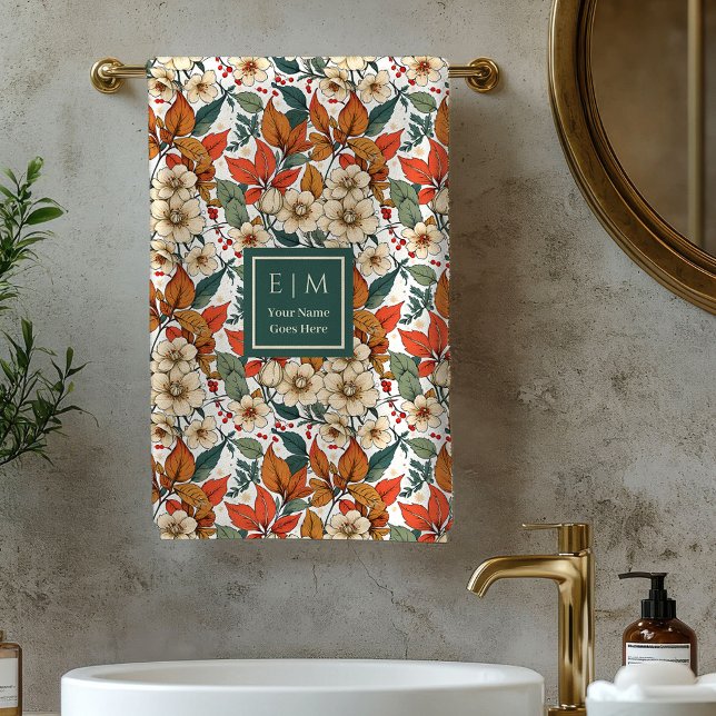 Serviettes de bain Boho automne florales Sauge Ter (Boho Fall Florals Sage Terracotta Name Bath Towel)