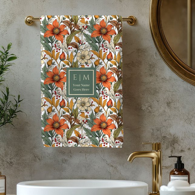 Serviettes de bain en terre cuite olive Rustic Aut (Rustic Autumn Blooms Olive Terracotta Bath Towel)