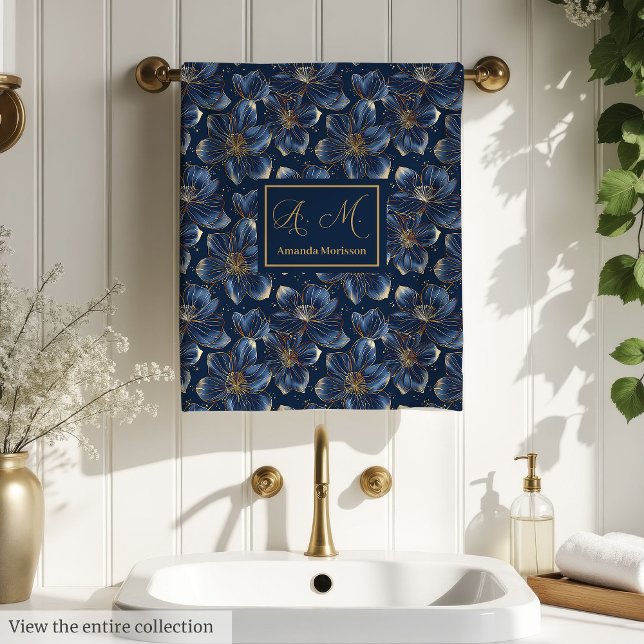 Serviettes de bain florales dorées et bleu marine, (Navy Gold Floral Bath Towels Chic Personalized Set)
