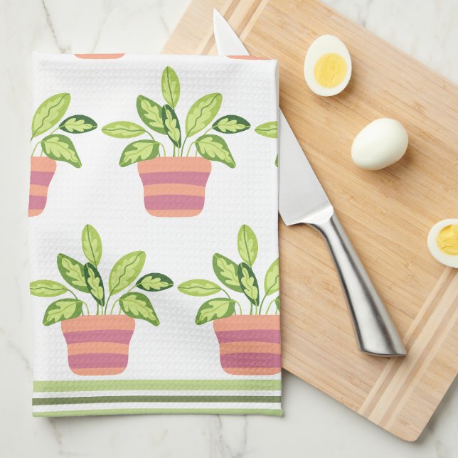 Serviettes de cuisine à garniture verte en pot et  (Quart Plié)