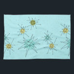 Serviettes de cuisine atomiques bleues de<br><div class="desc">Les serviettes de cuisine atomiques iconiques bleues de Starbursts des oeufs de ce Robin modèlent les starbursts atomiques iconiques de caractéristiques. C'est exact ! La vieille école, arrière - plan coloré par bleu des oeufs du merle avec des taches d'or est le contexte parfait pour la turquoise vibrante, le céleri...</div>