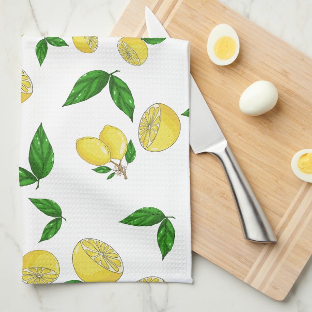 Serviettes de cuisine avec citrons juteux et feuil (Quart Plié)