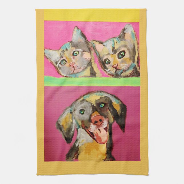 Serviettes de cuisine avec les chats et le chien (Vertical)