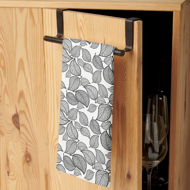 Serviettes de cuisine blanche Feuille noire (Pliage en tiers)