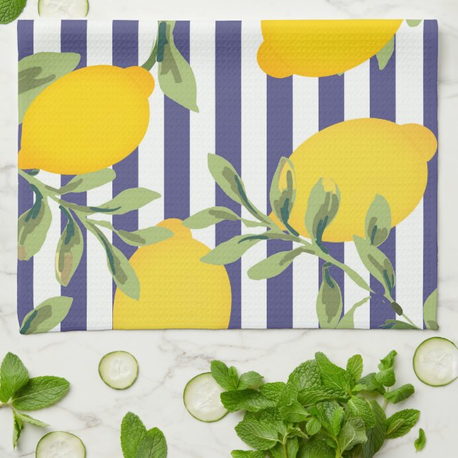 Serviettes de cuisine en citron et en rayures bleu (Plié)