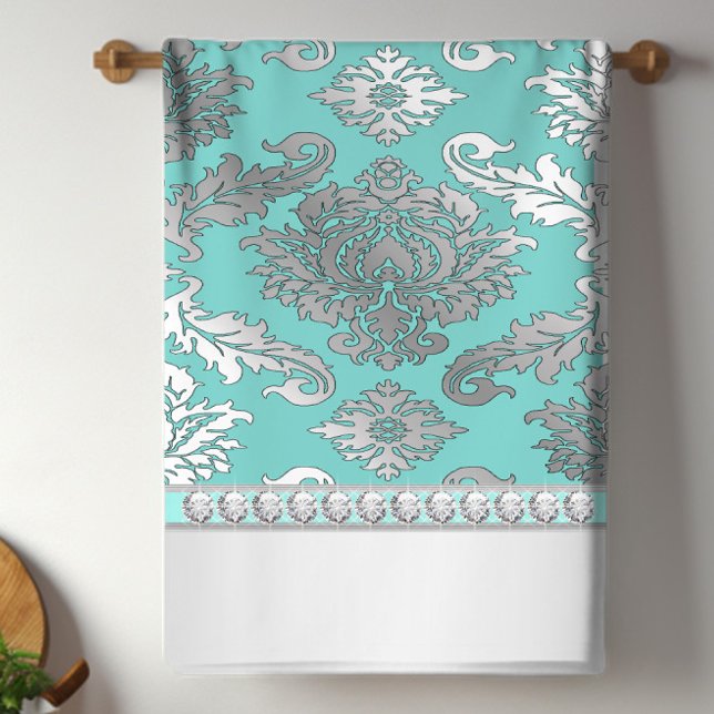 Serviettes de cuisine en damassé bleu sarcelle chi (Pretty teal blue and silver diamond kitchen towel. You can add text to personalize.)