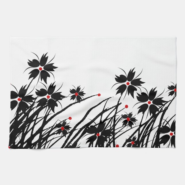 Serviettes de cuisine Floral Rouge Noir Blanc 2 DÉ (Horizontal)